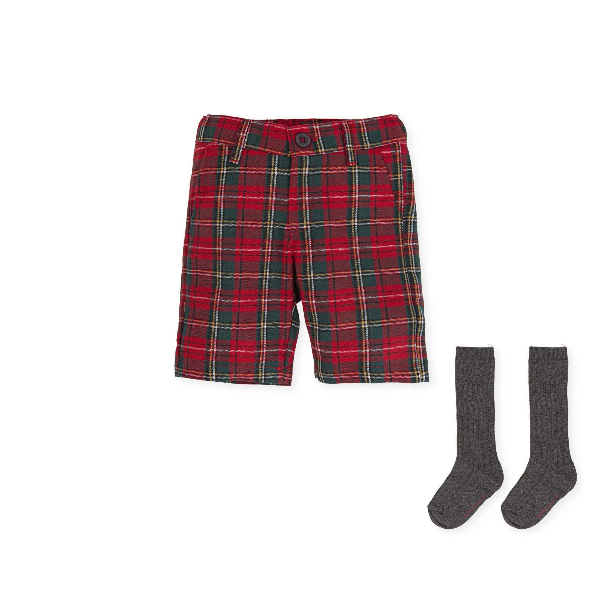 Red Sweater with Plaid Bermuda Shorts & Socks