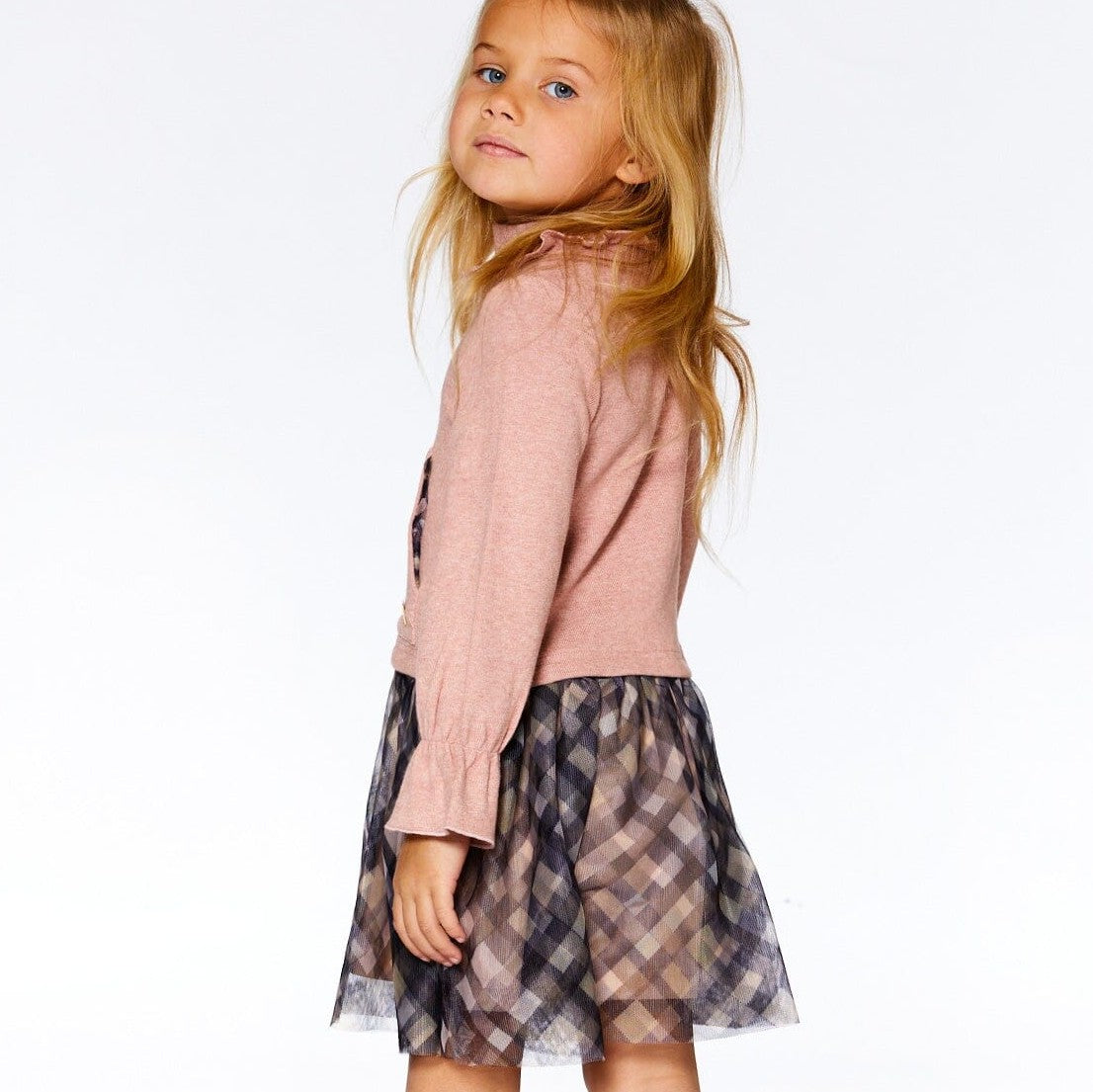 Mock Neck Plaid Dress with Puffy Sleeves