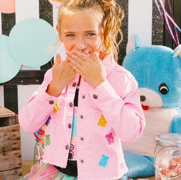 Pink Jean Jacket with Multicolored Gummies