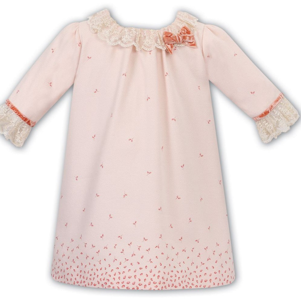 Peach Floral Edge Dress with Bow and Lace Trim