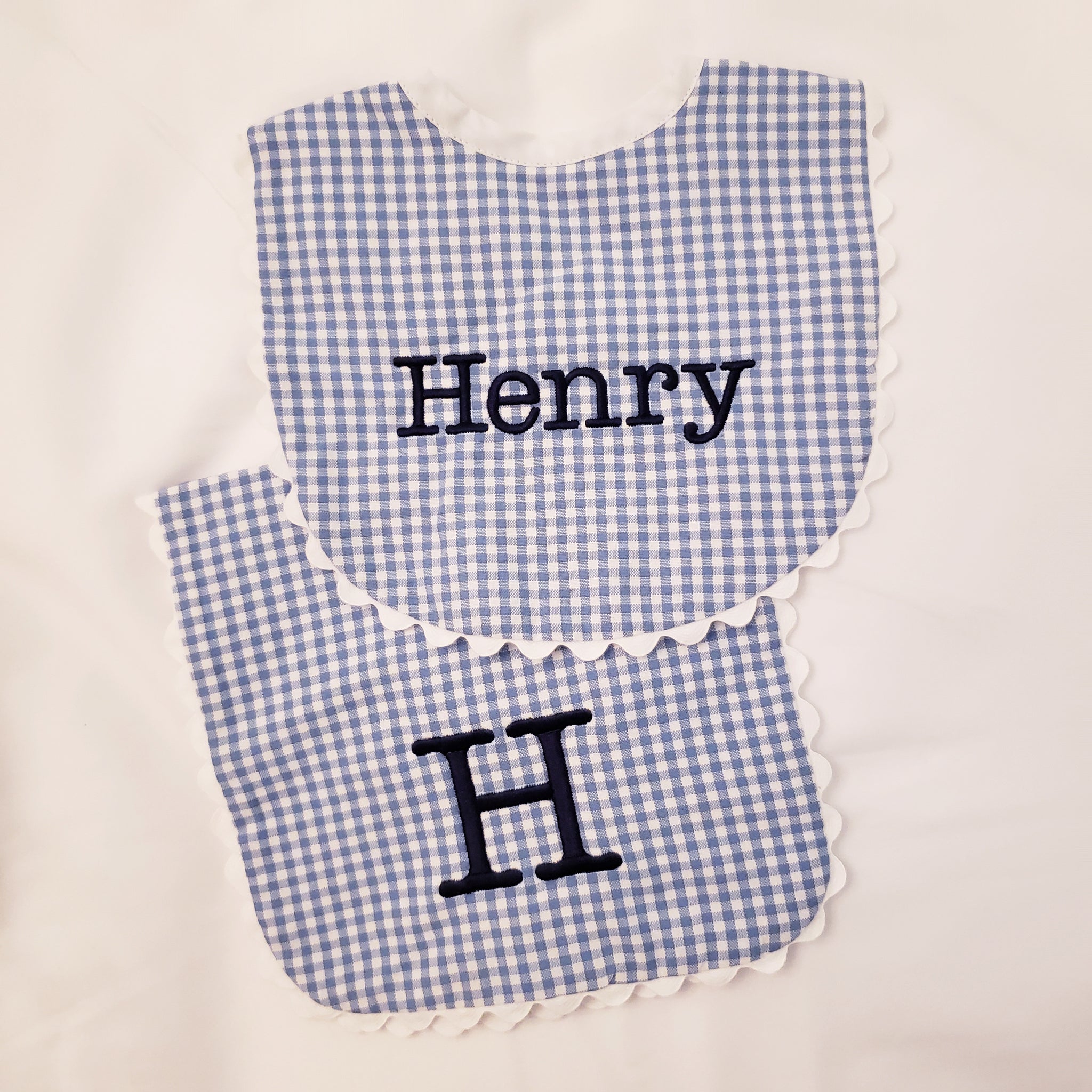 Gingham Bib and Burp with Ricrac Trim