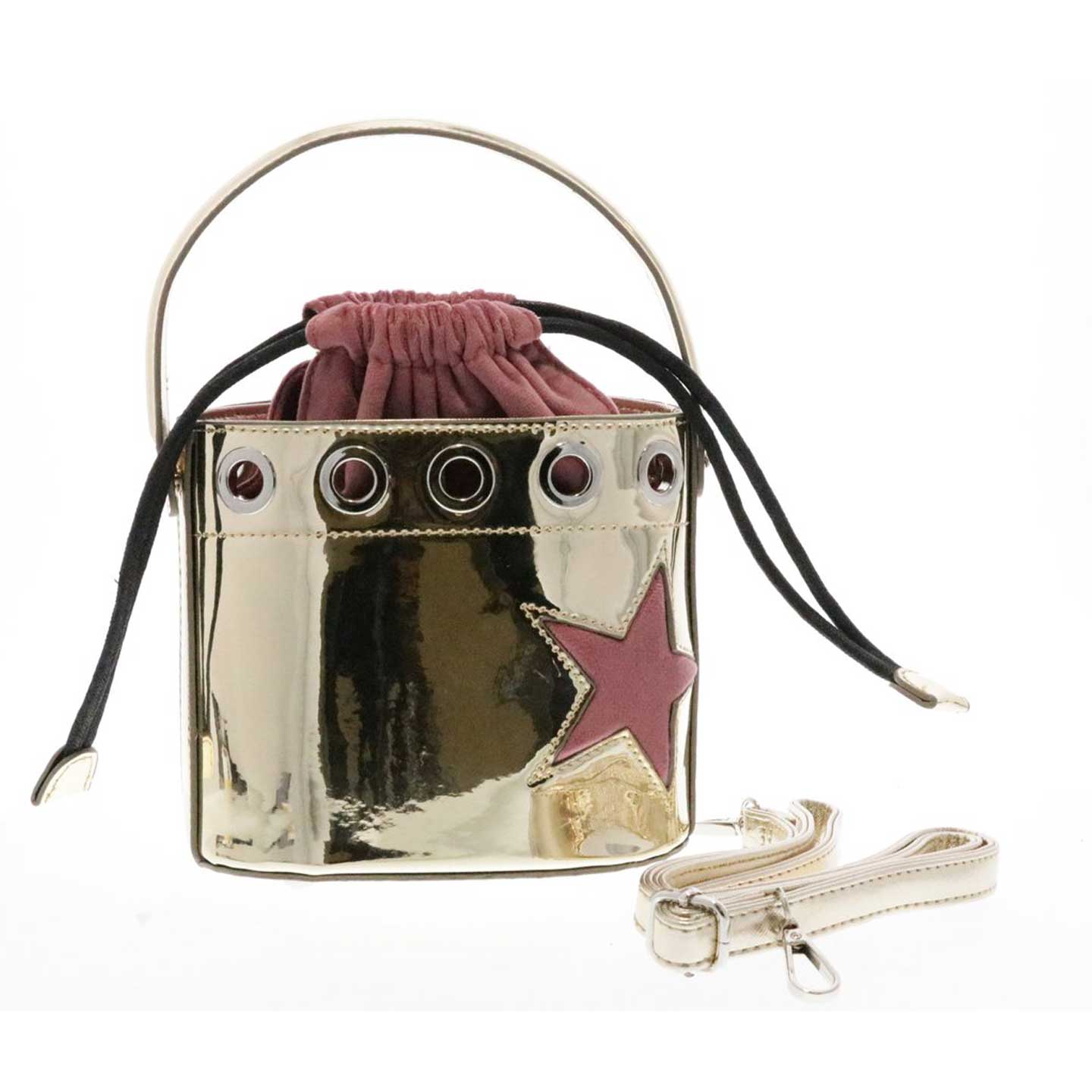 Metallic Drawstring Top Handle Bucket Purse with Star