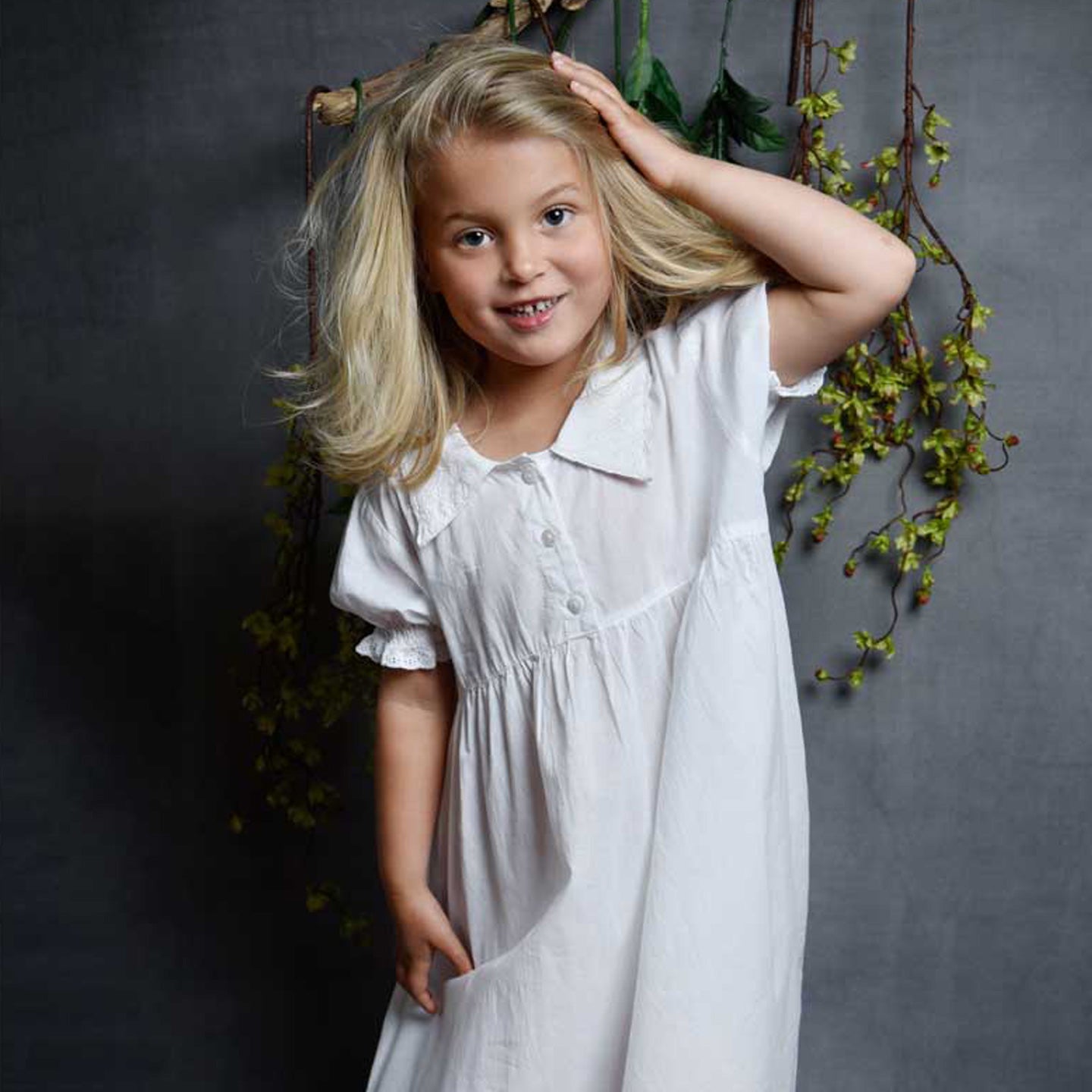 Louise Girls White Puff Sleeve Nightdress With Collar