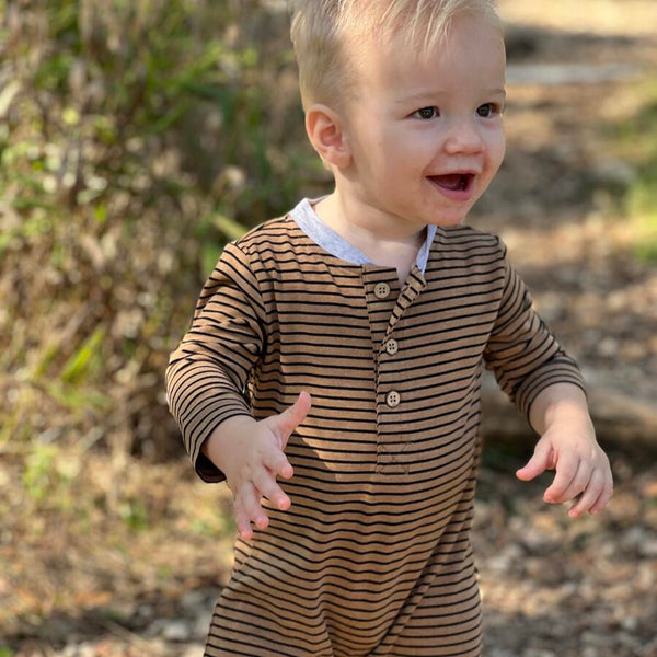 Black & Tan Stripe Henley Romper