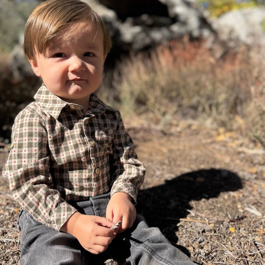 Jasper Woven Onesie in Rust/Sage Plaid