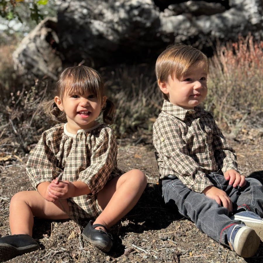 Jasper Woven Onesie in Rust/Sage Plaid