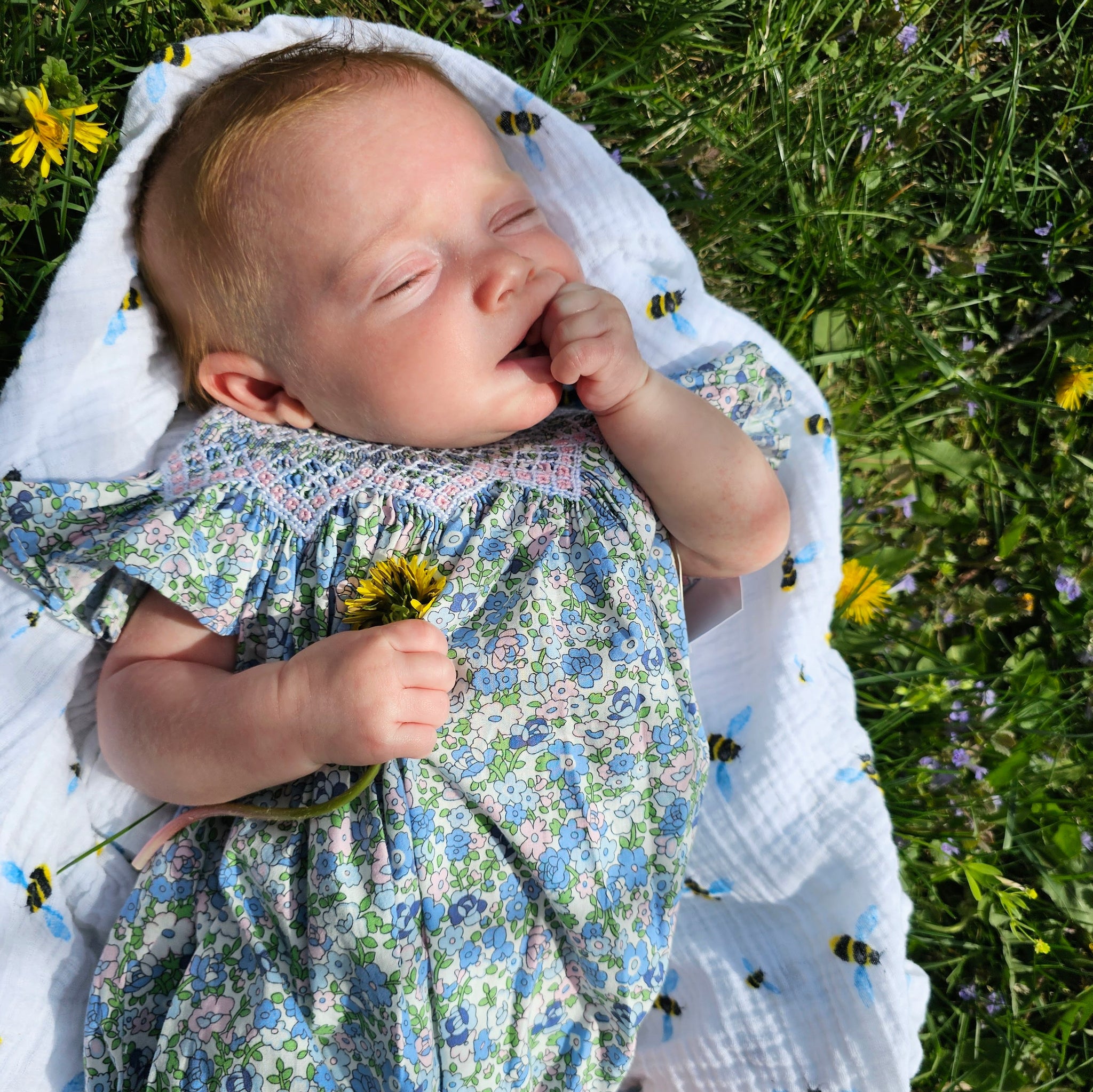 Blue Floral Smocked Bubble