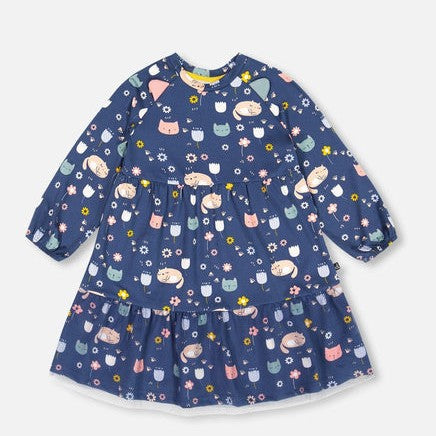 Navy Cats Print Dress with Mesh Frill