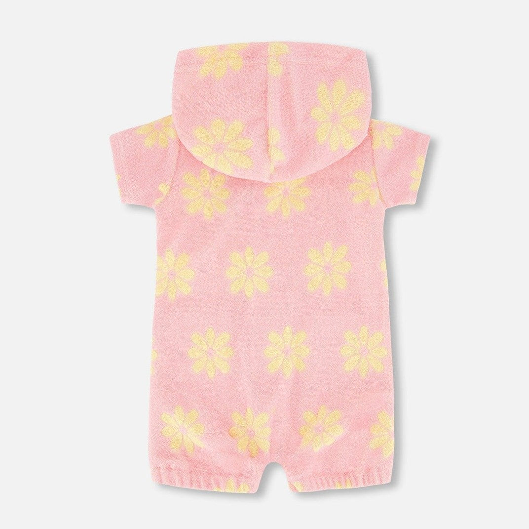 Daisy Print Pink Hooded Terry Romper