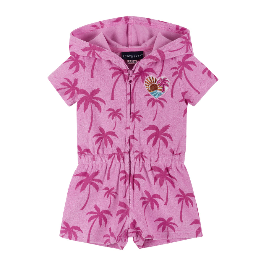 Pink Palms Hooded Terry Romper
