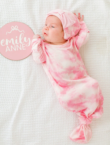 Pink Tie Dye Knotted Sleep Gown & Hat