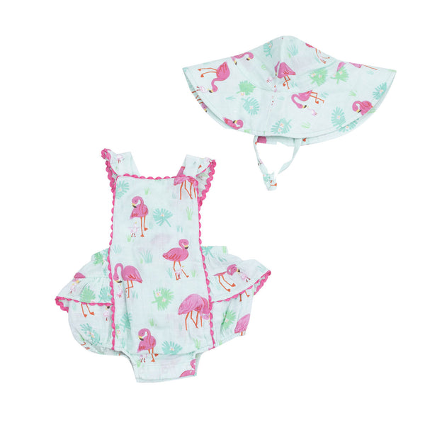 Flamingo Ric-Rac Ruffle Sunsuit and Hat