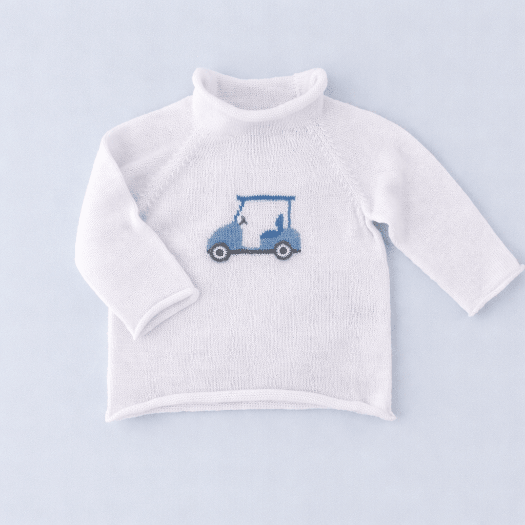 White Sweater Blue Golf Cart