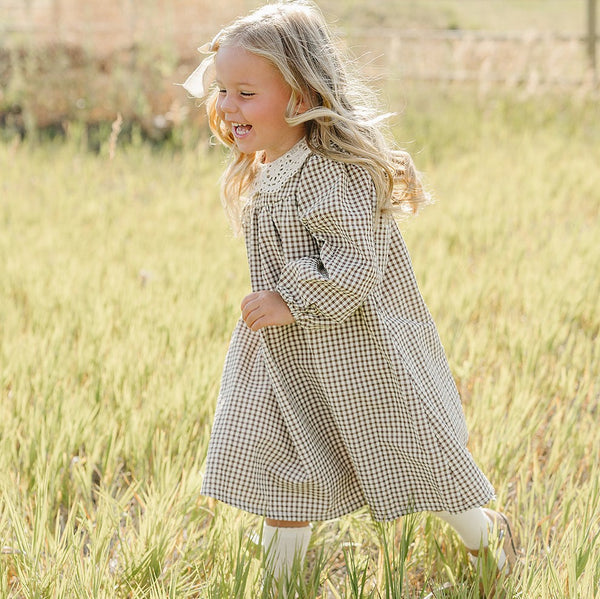 Gingham Dress with Lace Collar
