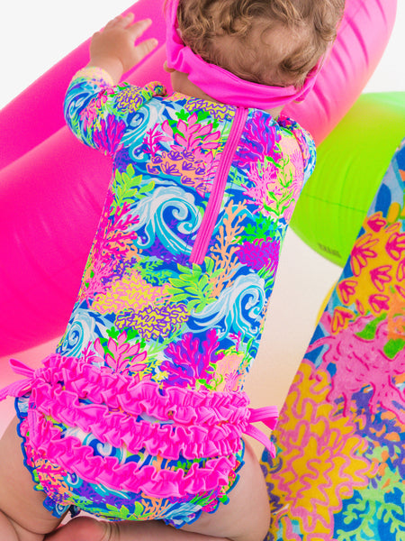 Neon Ocean Coral Rashguard Swimsuit