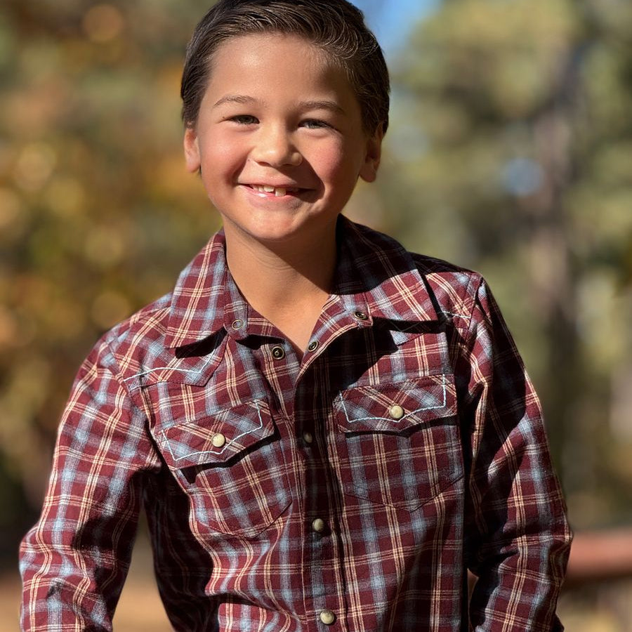 Howdy Western Burgundy Plaid Woven Shirt