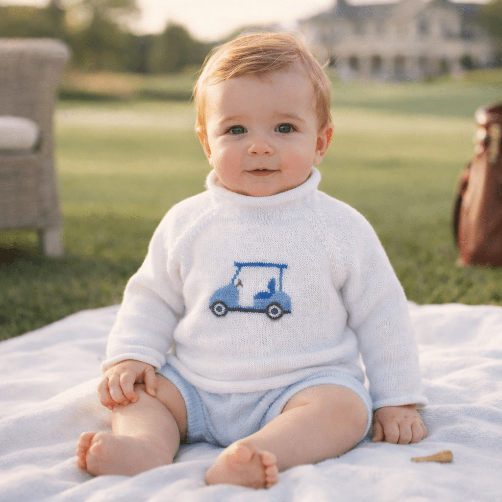 White Sweater Blue Golf Cart