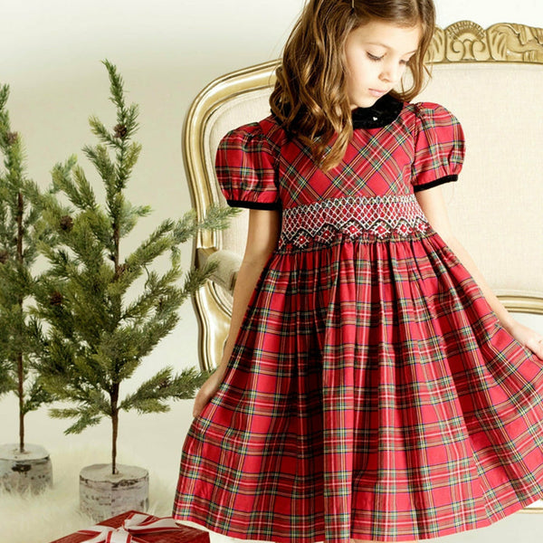 Red Plaid Short Sleeve Yoke Dress