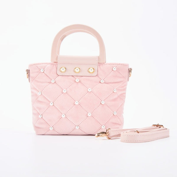Pink Quilted Velvet Purse with Pearls