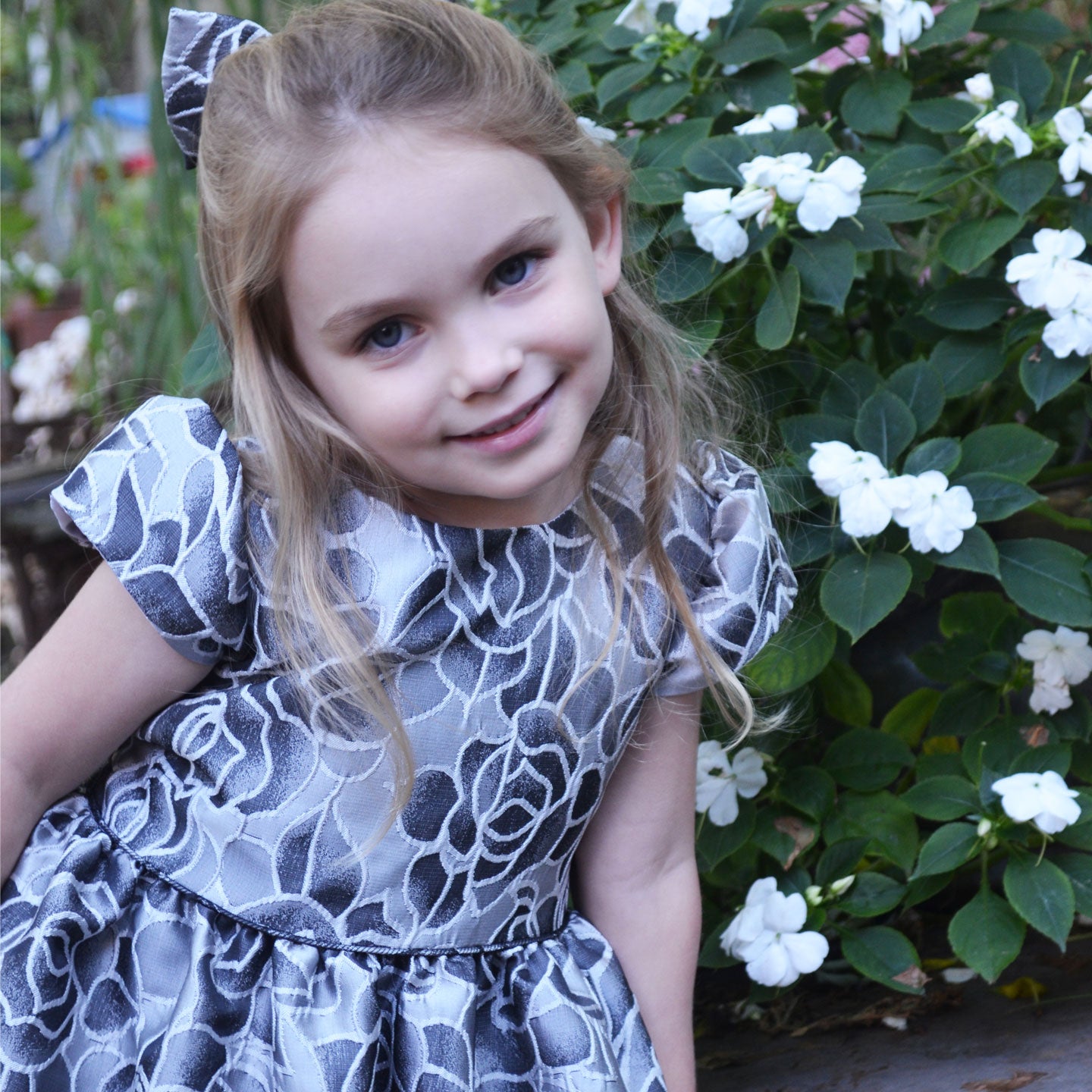 Silver Floral Jacquard Dress and Hair Bow - Main Image