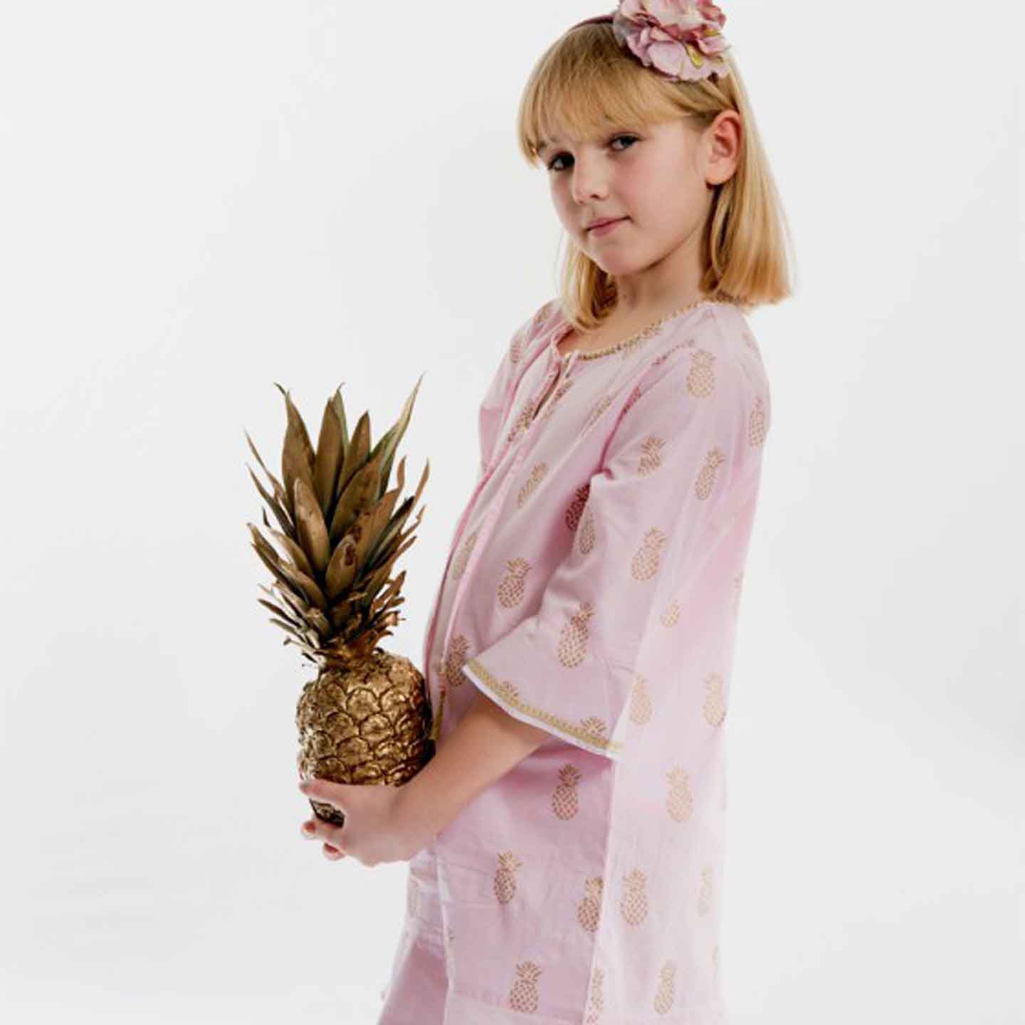 Light Pink Gold Pineapple Block Print Cotton Coverup 8/9 Light Pink Gold Pineapple Block Print Cotton Coverup 8/9