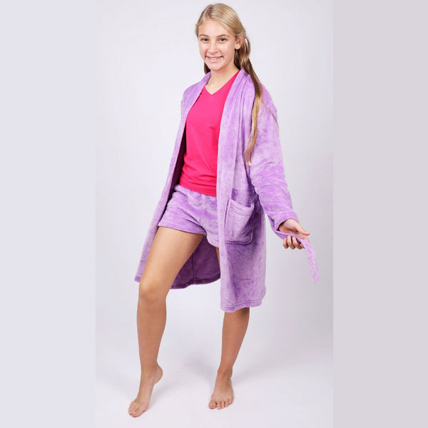 Fleece Robe in Aqua, Lilac and Pink