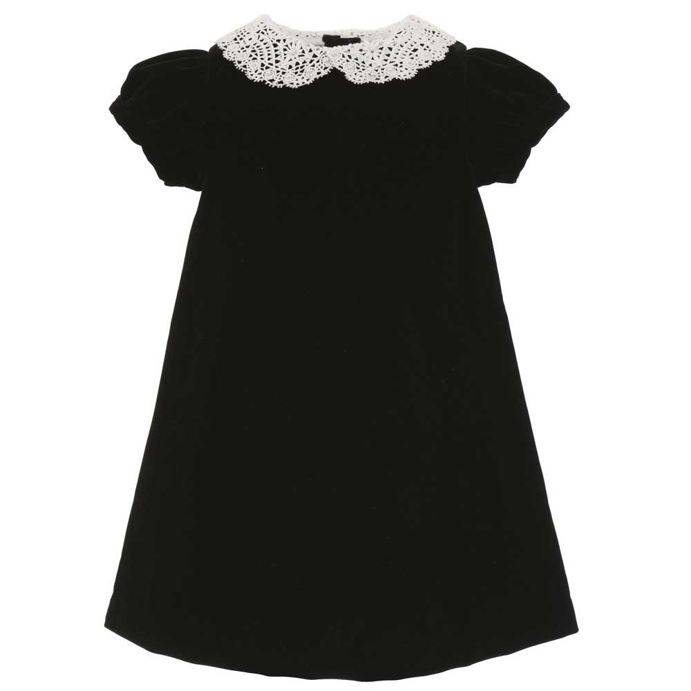 Short Sleeve Black Velvet Dress with Lace Collar