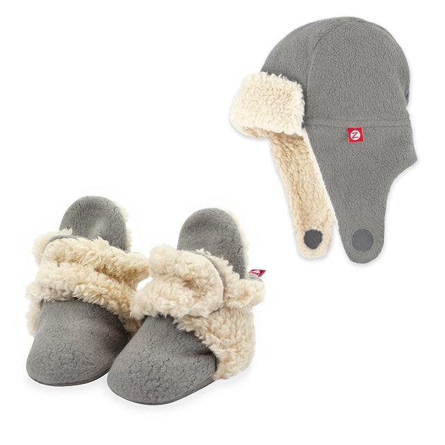 Cozie Furry Gray Baby Booties and Trapper Hat